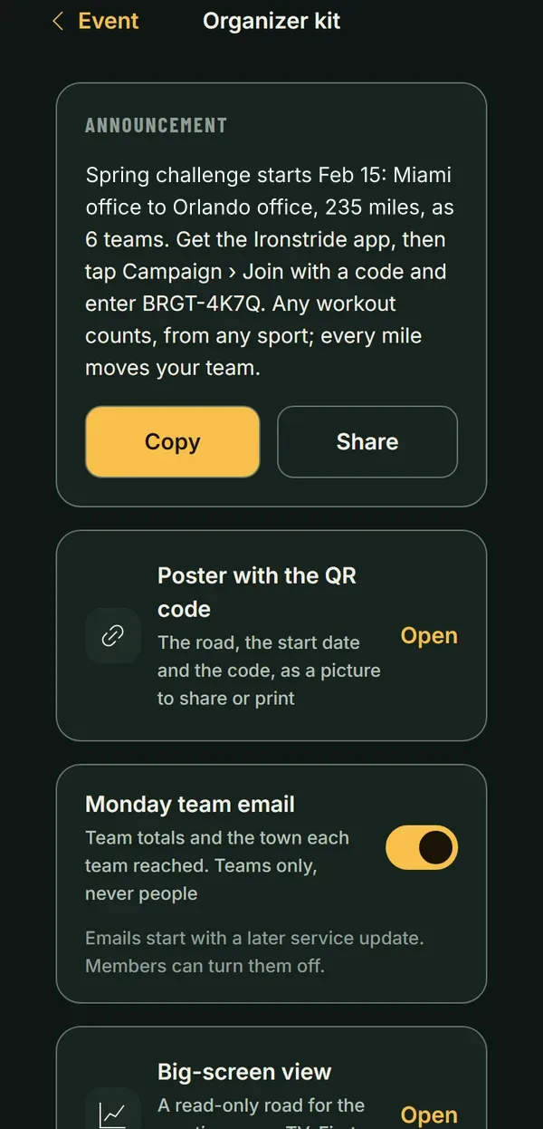 The organizer kit in the app: a ready announcement with the join code, a poster with a QR code, a big-screen view and a recap at the finish.